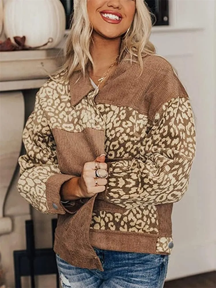 HOULENGS Women's Leopard Print Long Sleeve Corduroy Shacket Jacket Button Down Lapel Shirt Tops with Pocket