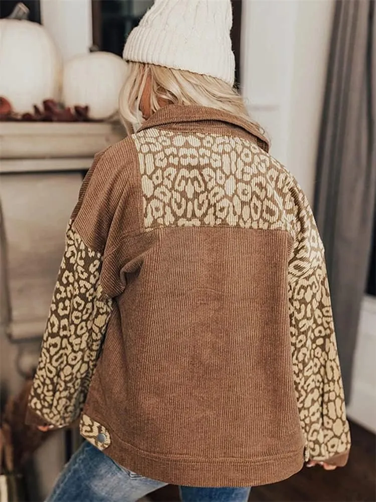 HOULENGS Women's Leopard Print Long Sleeve Corduroy Shacket Jacket Button Down Lapel Shirt Tops with Pocket