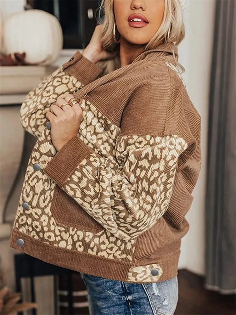 HOULENGS Women's Leopard Print Long Sleeve Corduroy Shacket Jacket Button Down Lapel Shirt Tops with Pocket