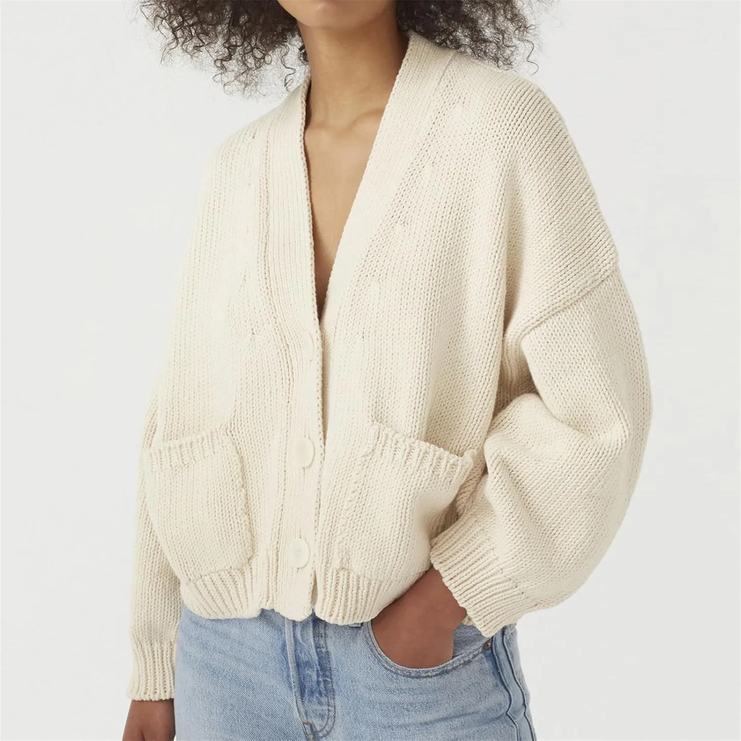 HOULENGS Women's Long Sleeve Chunky Knit Cardigan Sweater Button Down Sweater Outerwear with Pockets