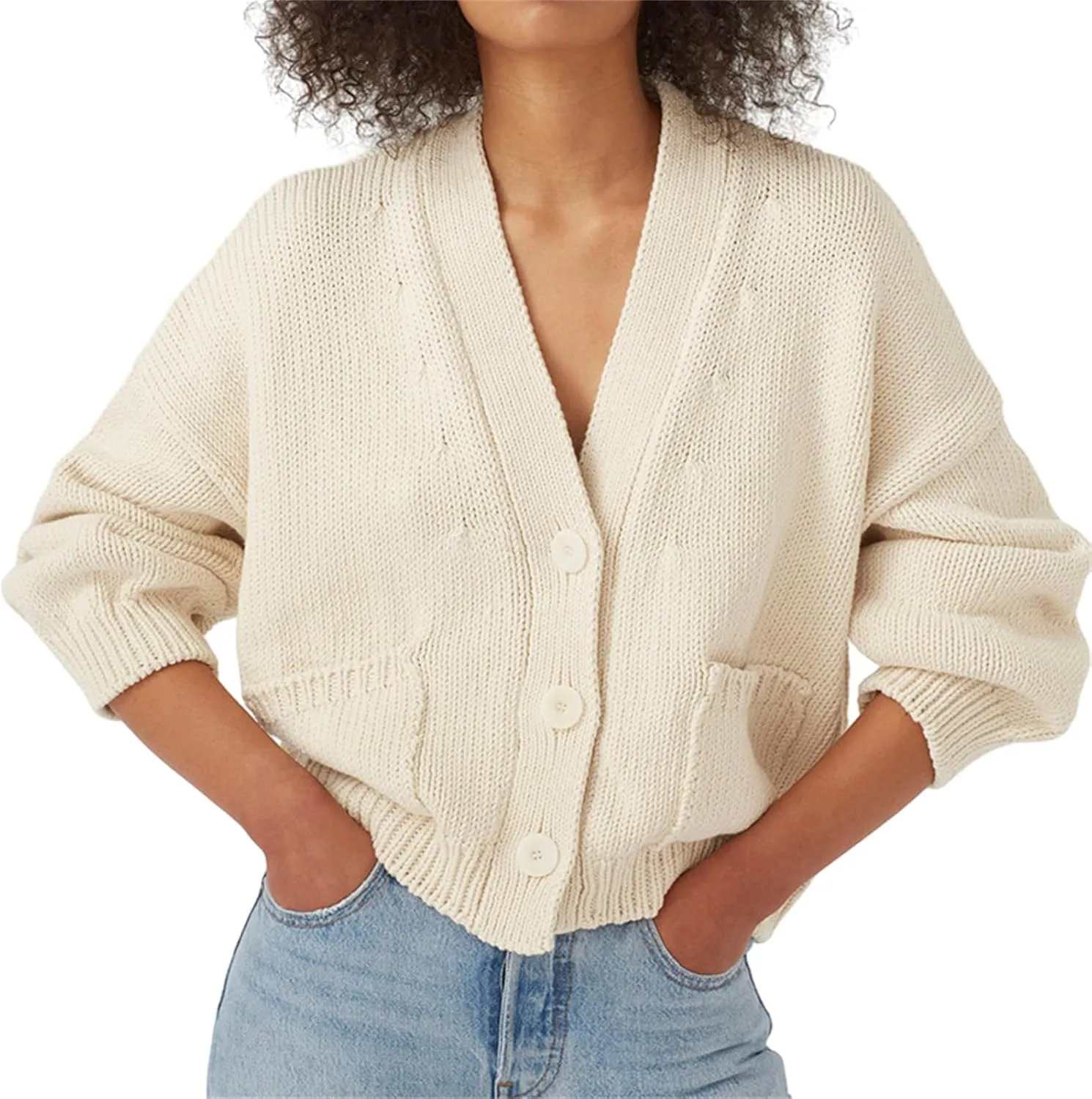 HOULENGS Women's Long Sleeve Chunky Knit Cardigan Sweater Button Down Sweater Outerwear with Pockets