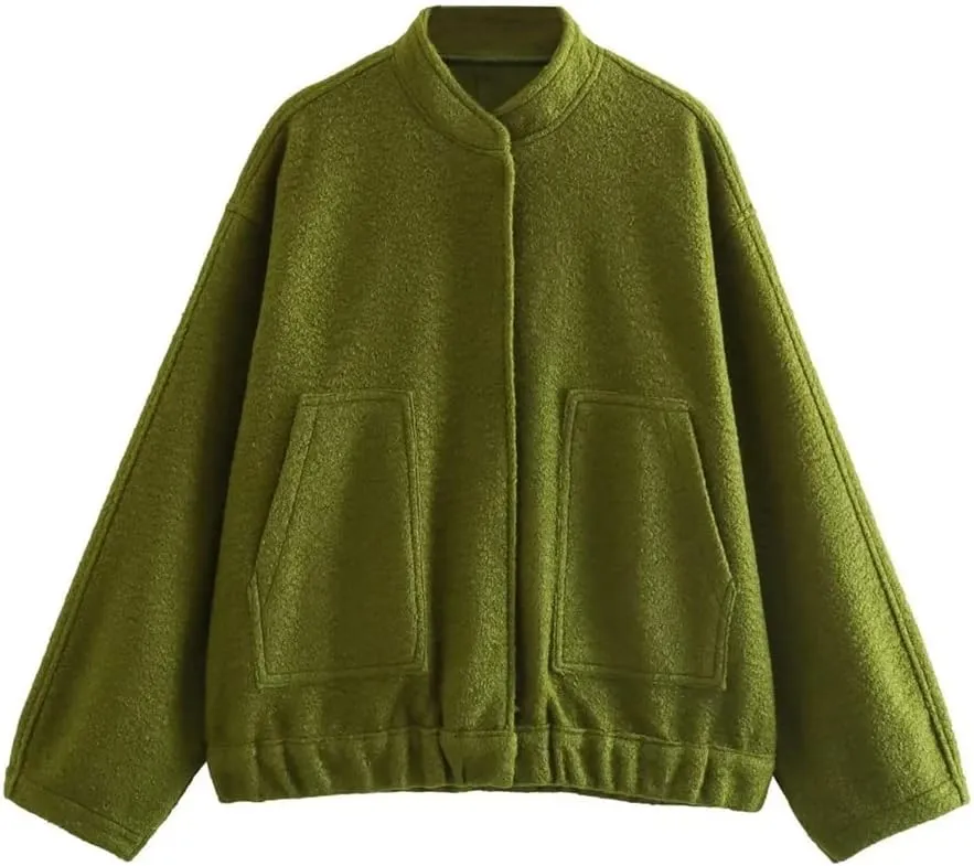 HOULENGS Women's Wool Blend Long Sleeve Shacket Coat Button Stand Collar Varsity Jacket with Pockets