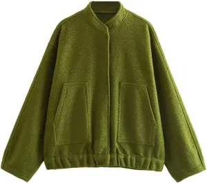 HOULENGS Women's Wool Blend Long Sleeve Shacket Coat Button Stand Collar Varsity Jacket with Pockets
