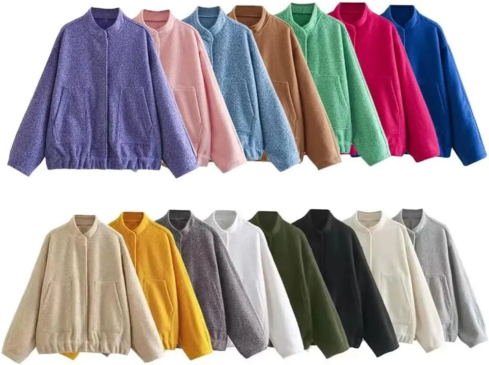 HOULENGS Women's Wool Blend Long Sleeve Shacket Coat Button Stand Collar Varsity Jacket with Pockets