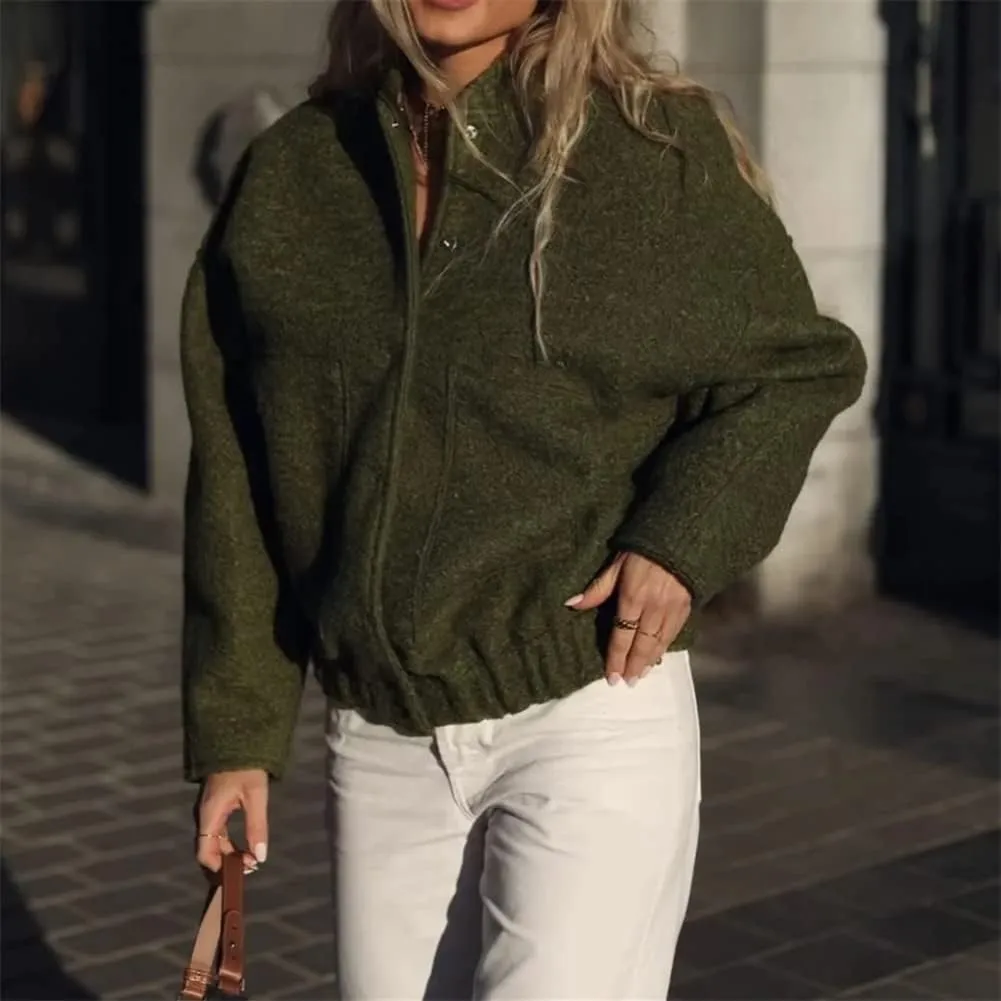 HOULENGS Women's Wool Blend Long Sleeve Shacket Coat Button Stand Collar Varsity Jacket with Pockets