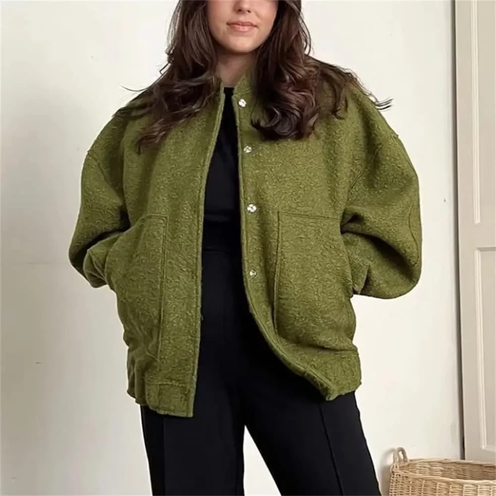 HOULENGS Women's Wool Blend Long Sleeve Shacket Coat Button Stand Collar Varsity Jacket with Pockets