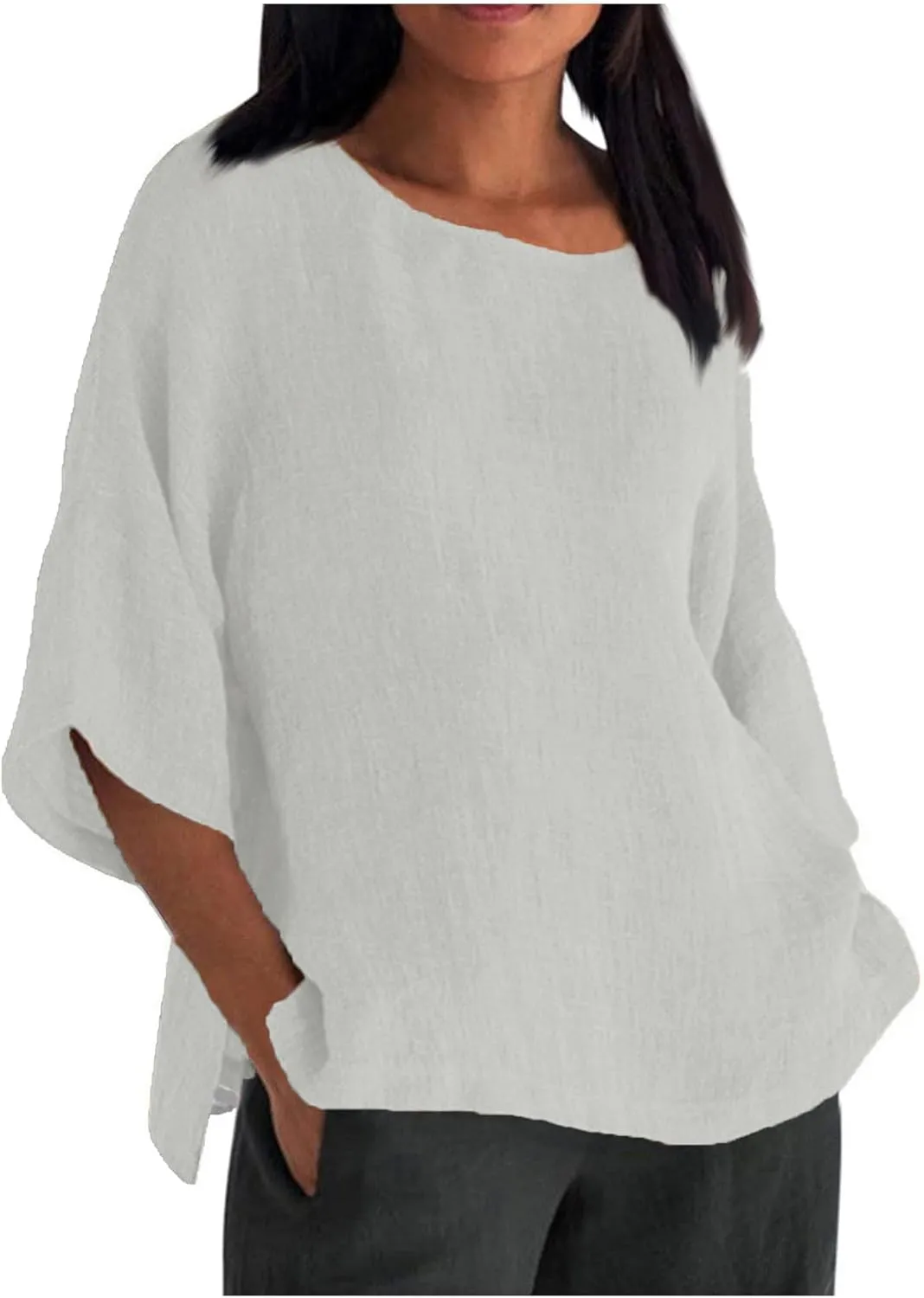 HXHYQKP Linen Tops for Women Summer Plus Size T Shirts V Neck Loose Blouses Trendy Tops for Women 2025