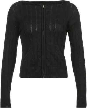 IVERIRMIN Women's Y2K Cropped Ribbed Cardigan Sweaters Casual Zip Up Hoodie Fall Long Sleeve Cable Knitted Sweaters