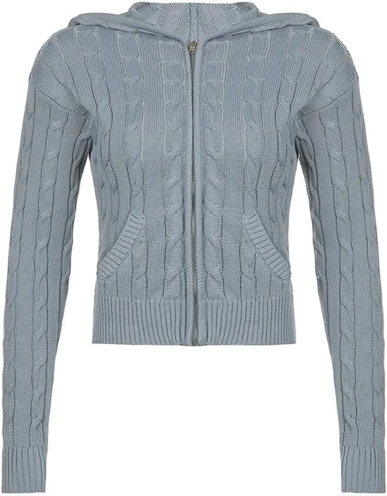 IVERIRMIN Women's Y2K Cropped Ribbed Cardigan Sweaters Casual Zip Up Hoodie Fall Long Sleeve Cable Knitted Sweaters