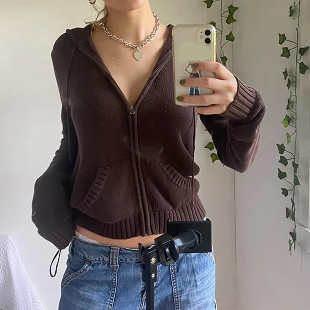 IVERIRMIN Women's Y2K Cropped Ribbed Cardigan Sweaters Casual Zip Up Hoodie Fall Long Sleeve Cable Knitted Sweaters