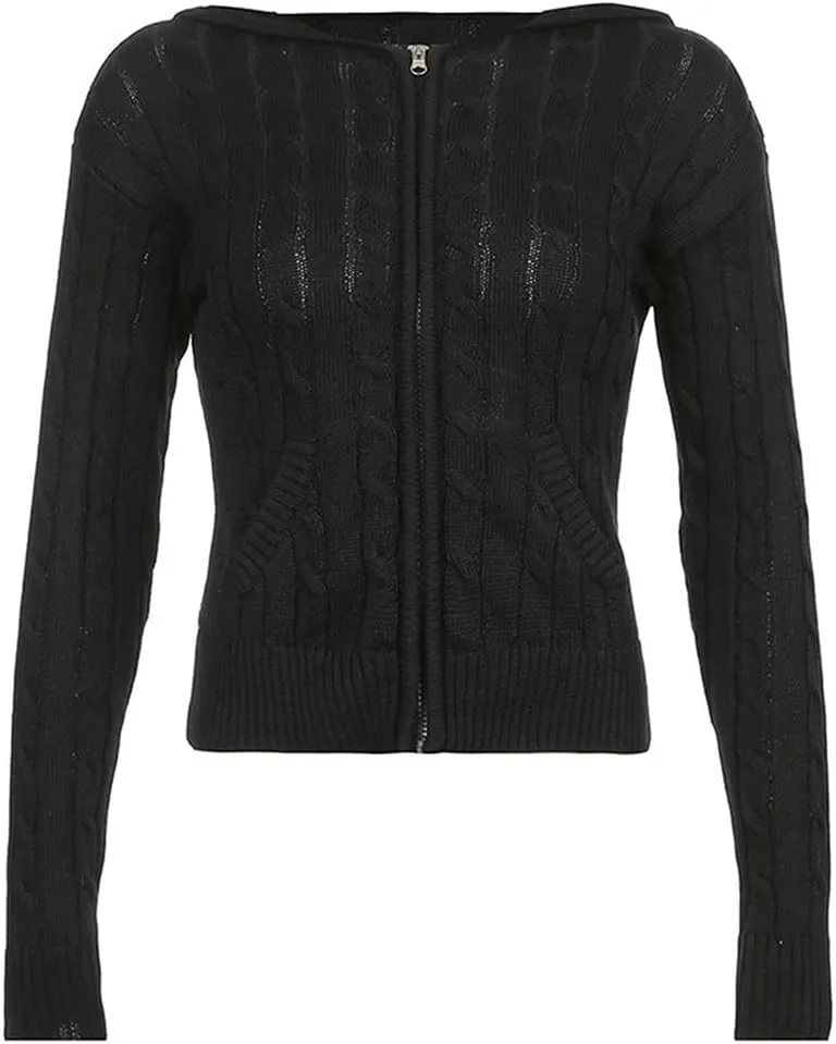 IVERIRMIN Women's Y2K Cropped Ribbed Cardigan Sweaters Casual Zip Up Hoodie Fall Long Sleeve Cable Knitted Sweaters