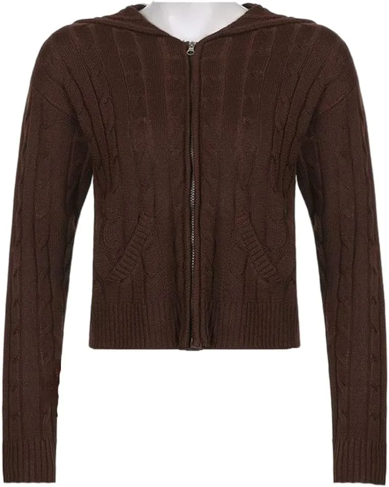 IVERIRMIN Women's Y2K Cropped Ribbed Cardigan Sweaters Casual Zip Up Hoodie Fall Long Sleeve Cable Knitted Sweaters
