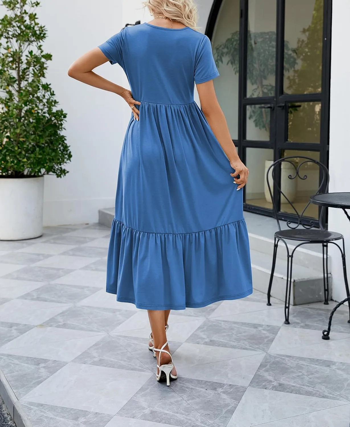 JASPAL Women's Casual Smocked Midi Dress Round Neck Elastic High Waist Flute Dresses Summer