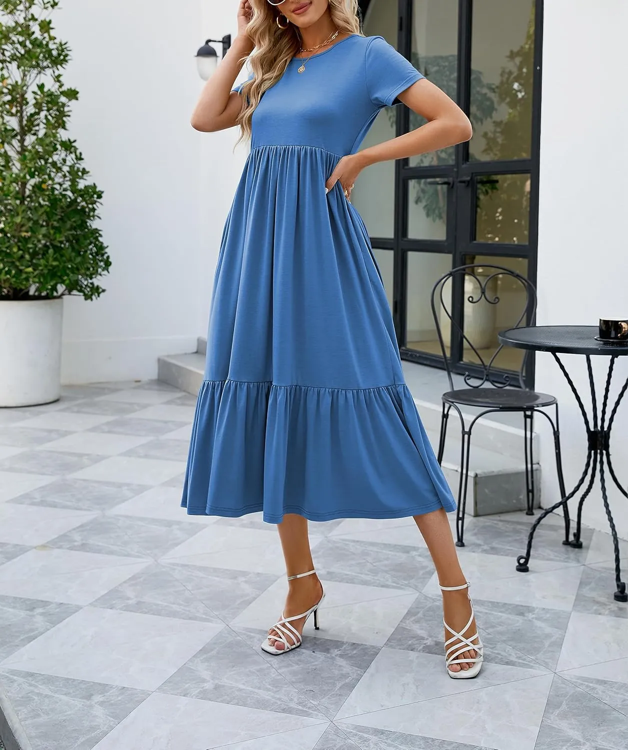 JASPAL Women's Casual Smocked Midi Dress Round Neck Elastic High Waist Flute Dresses Summer