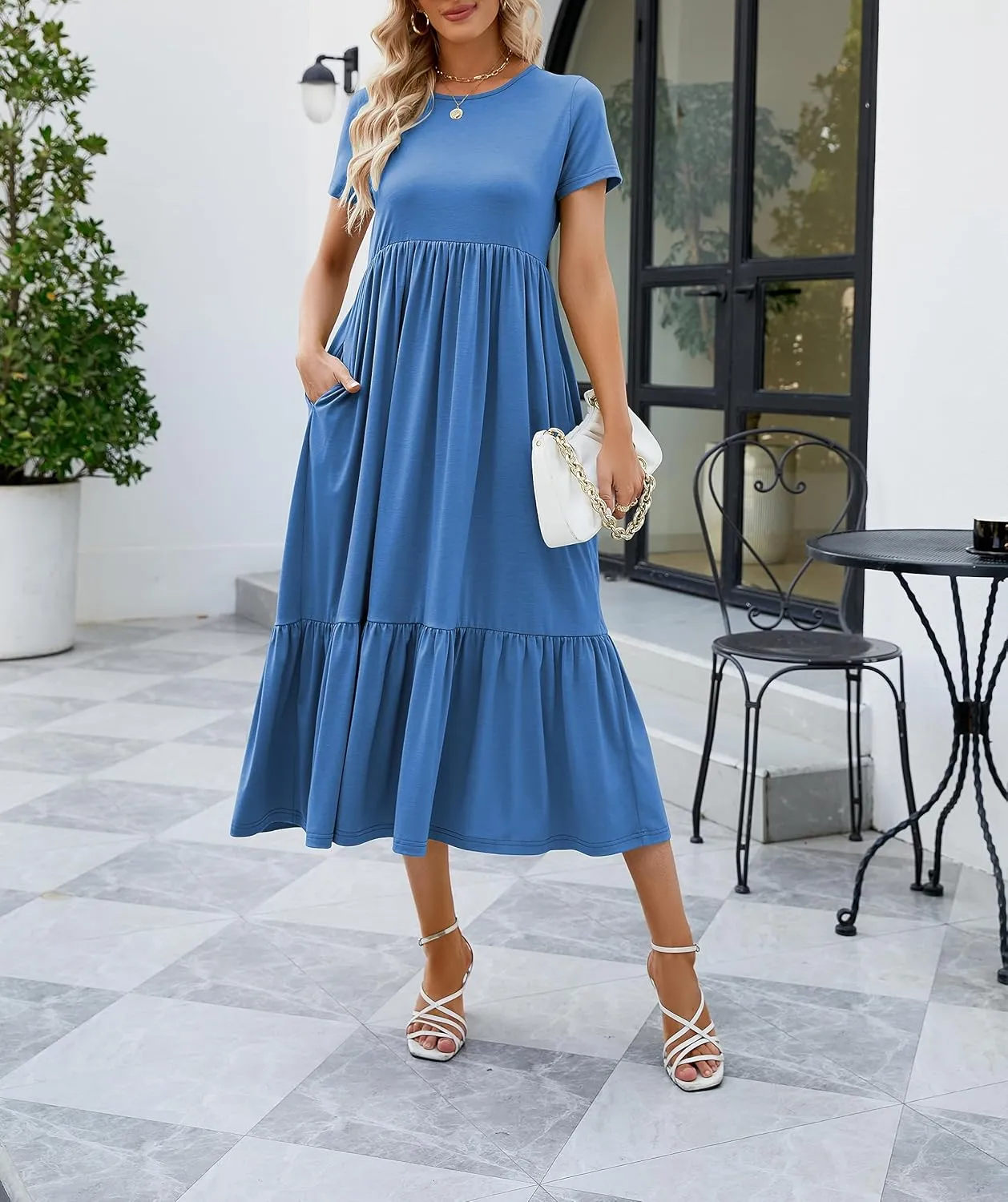 JASPAL Women's Casual Smocked Midi Dress Round Neck Elastic High Waist Flute Dresses Summer