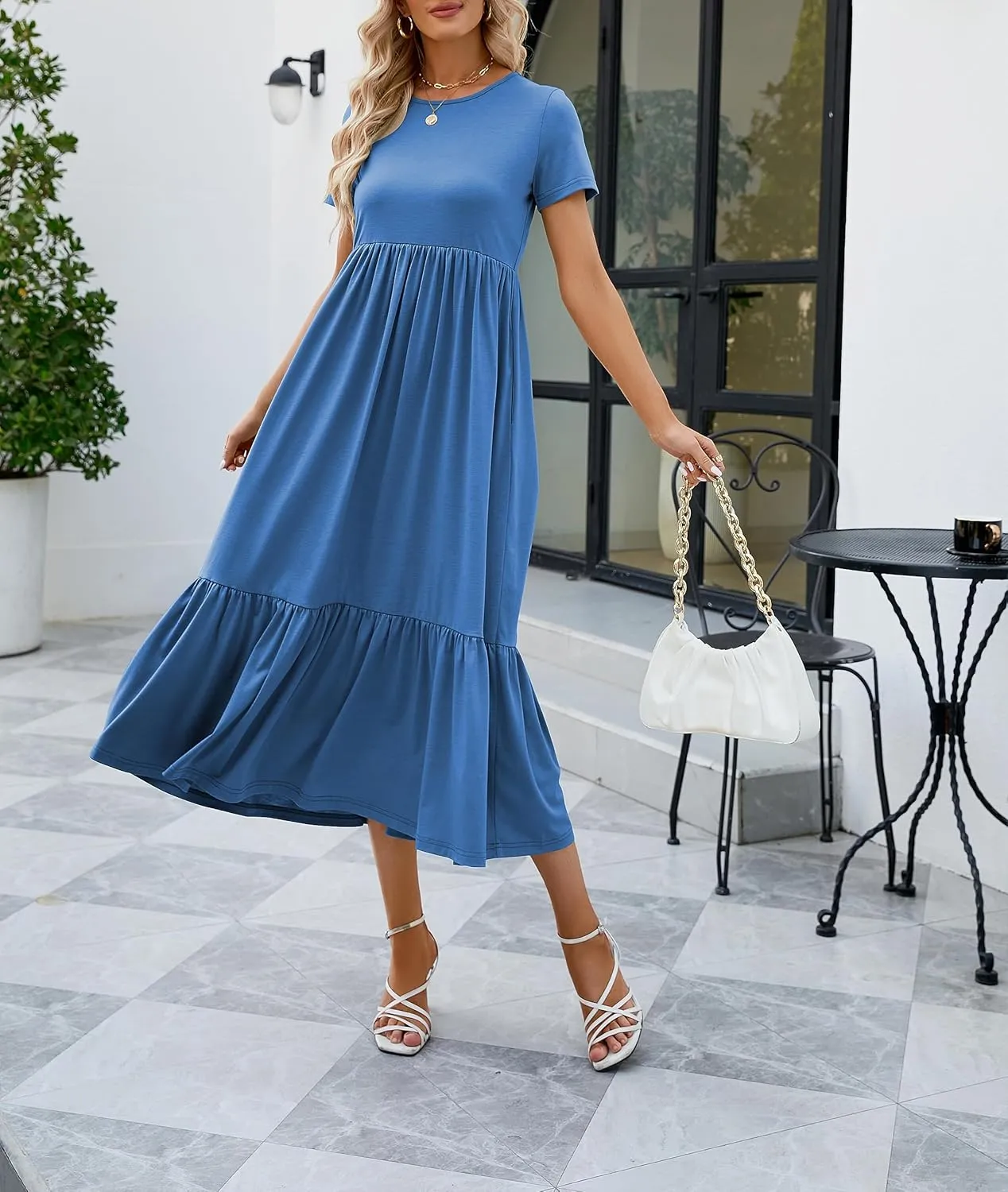 JASPAL Women's Casual Smocked Midi Dress Round Neck Elastic High Waist Flute Dresses Summer