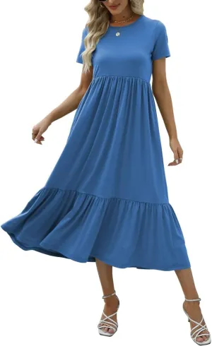 JASPAL Women's Casual Smocked Midi Dress Round Neck Elastic High Waist Flute Dresses Summer