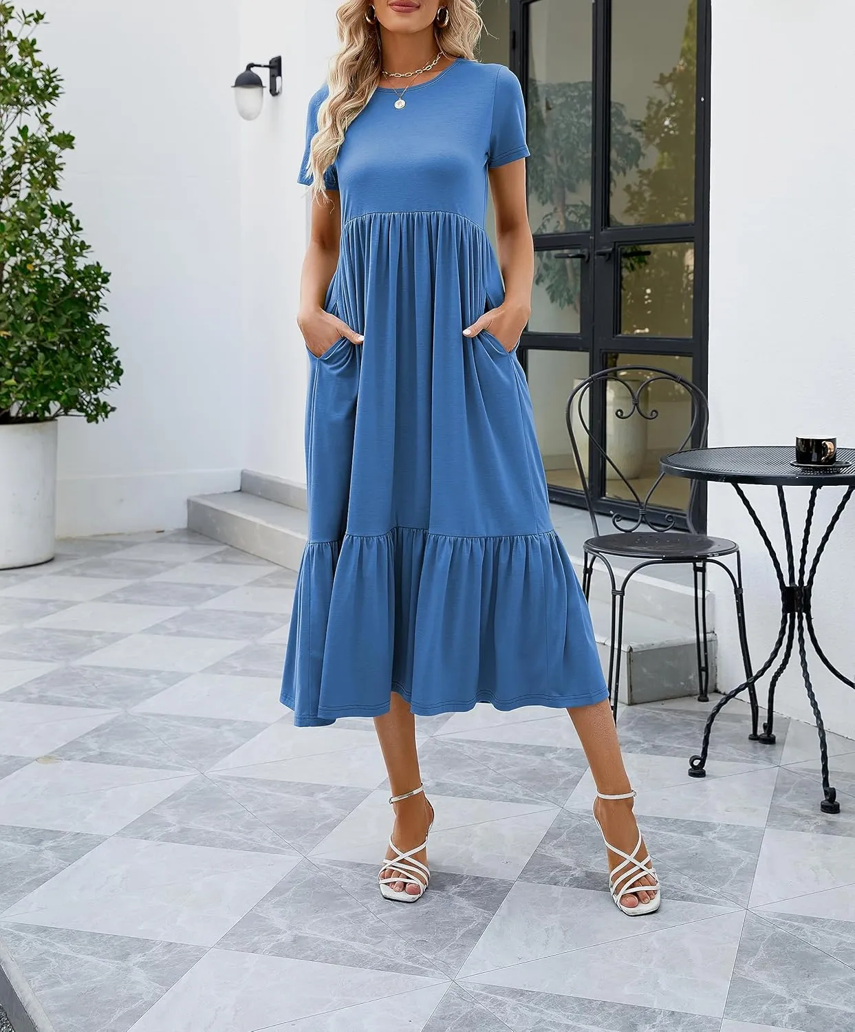 JASPAL Women's Casual Smocked Midi Dress Round Neck Elastic High Waist Flute Dresses Summer