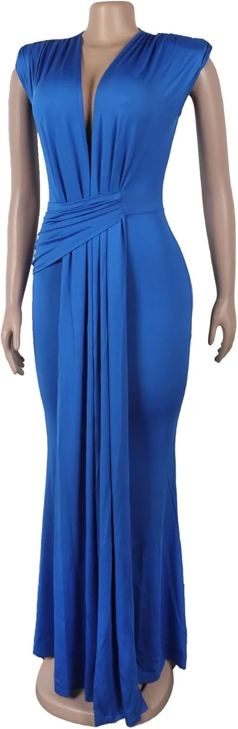 JEKE-DG Women's Deep V Neck Ruched Maxi Dress Elegant Sleeveless Sexy Cocktail Dress Slim Fit Fashion Wedding Dresses