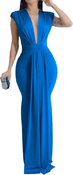 JEKE-DG Women's Deep V Neck Ruched Maxi Dress Elegant Sleeveless Sexy Cocktail Dress Slim Fit Fashion Wedding Dresses