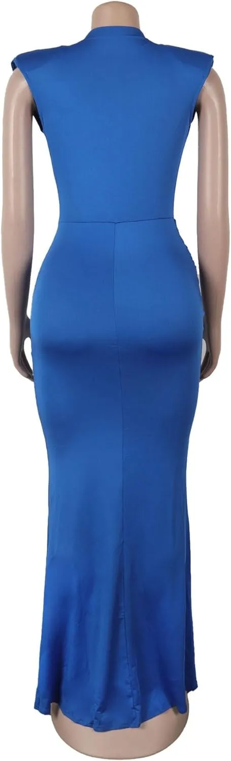 JEKE-DG Women's Deep V Neck Ruched Maxi Dress Elegant Sleeveless Sexy Cocktail Dress Slim Fit Fashion Wedding Dresses