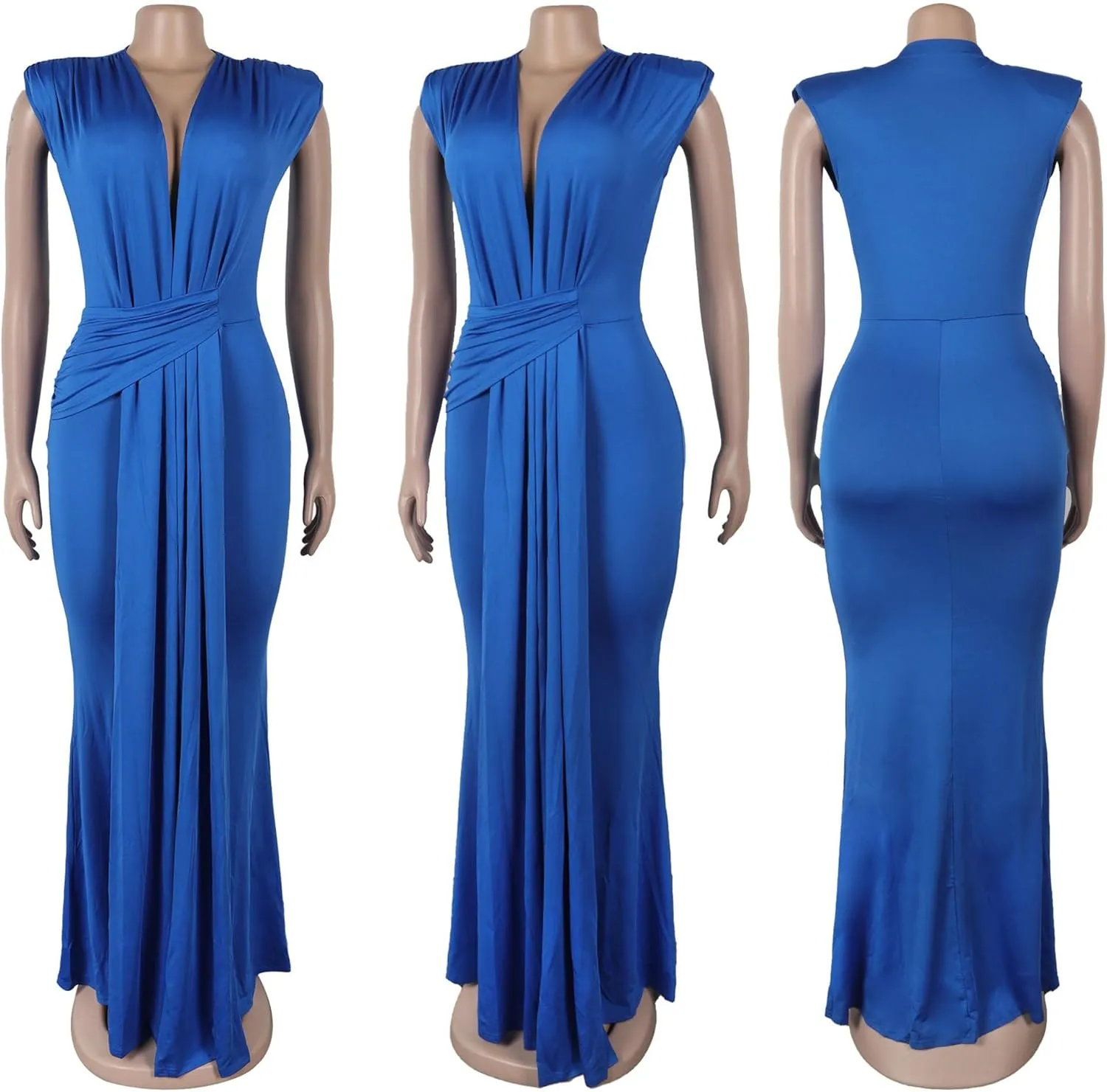 JEKE-DG Women's Deep V Neck Ruched Maxi Dress Elegant Sleeveless Sexy Cocktail Dress Slim Fit Fashion Wedding Dresses