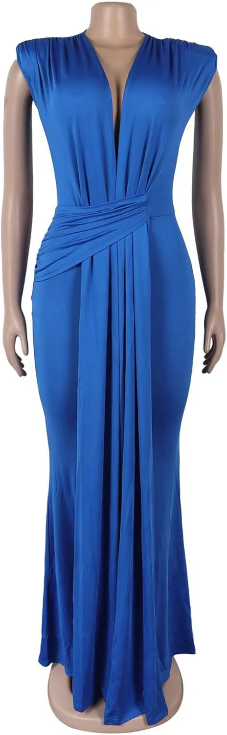 JEKE-DG Women's Deep V Neck Ruched Maxi Dress Elegant Sleeveless Sexy Cocktail Dress Slim Fit Fashion Wedding Dresses