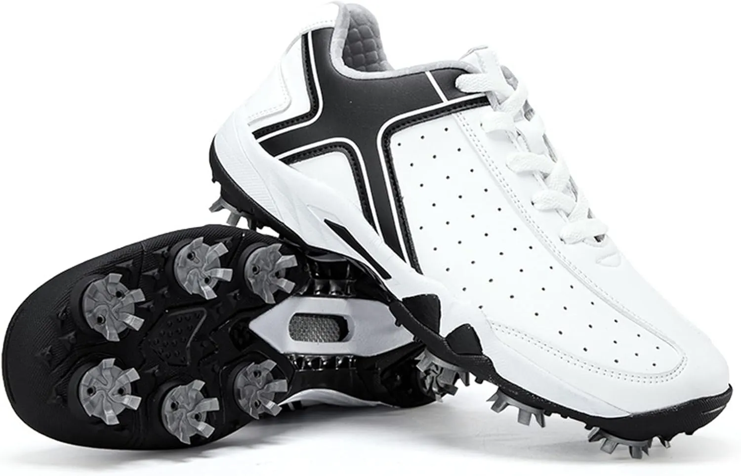 JiuQing Spikes Golf Shoes Men Professional Leather Golfing Trainers Lightweight Breathable Anti Slip