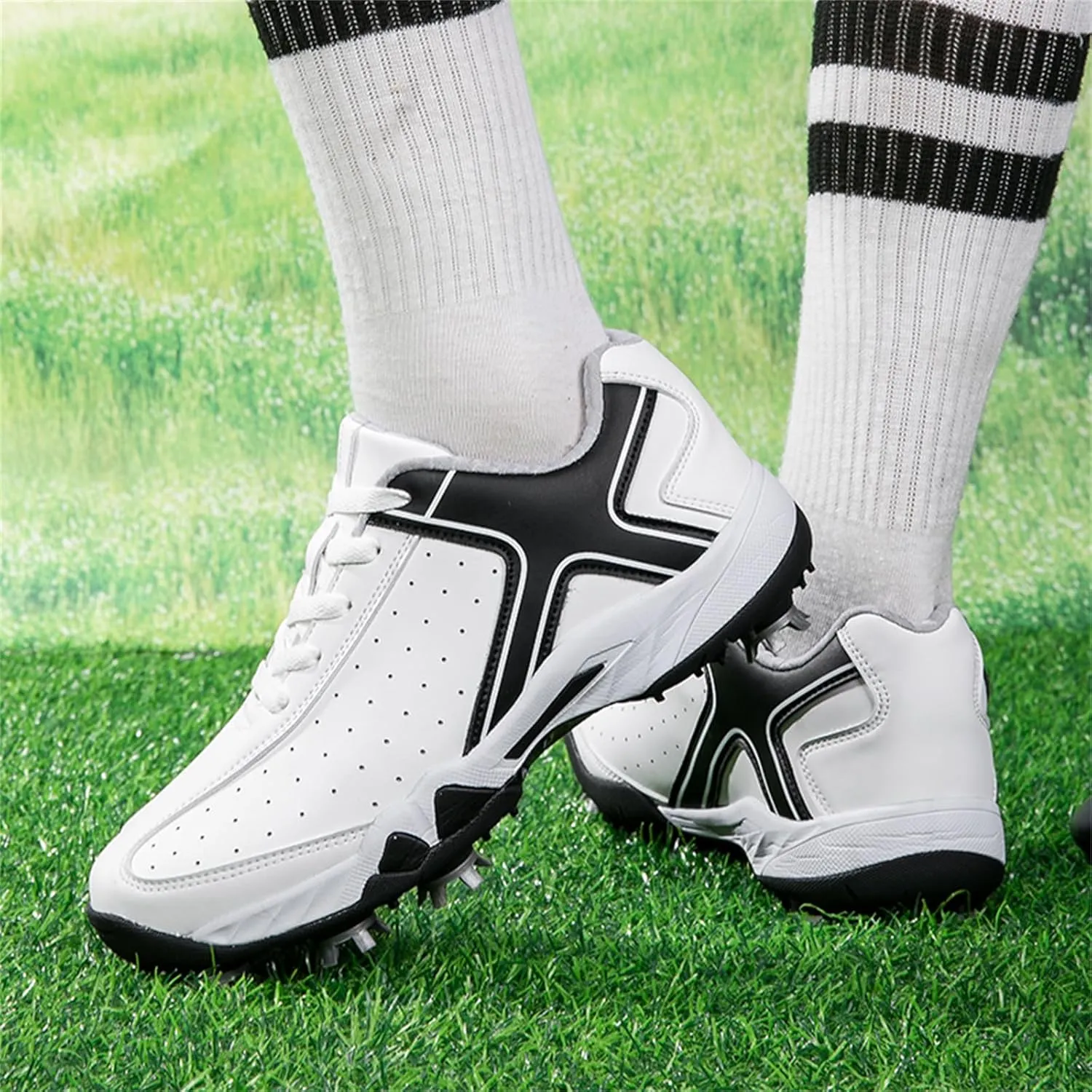 JiuQing Spikes Golf Shoes Men Professional Leather Golfing Trainers Lightweight Breathable Anti Slip