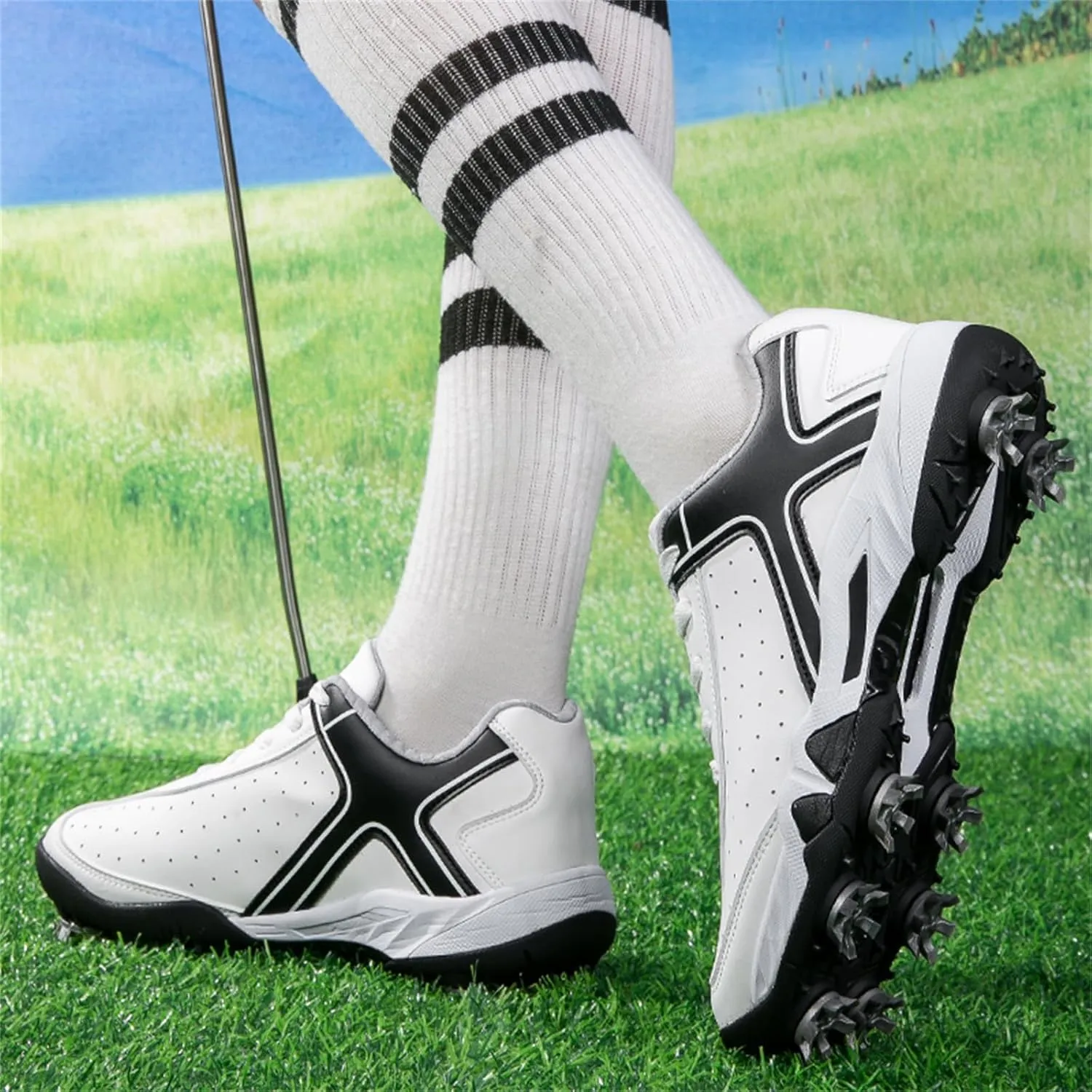JiuQing Spikes Golf Shoes Men Professional Leather Golfing Trainers Lightweight Breathable Anti Slip