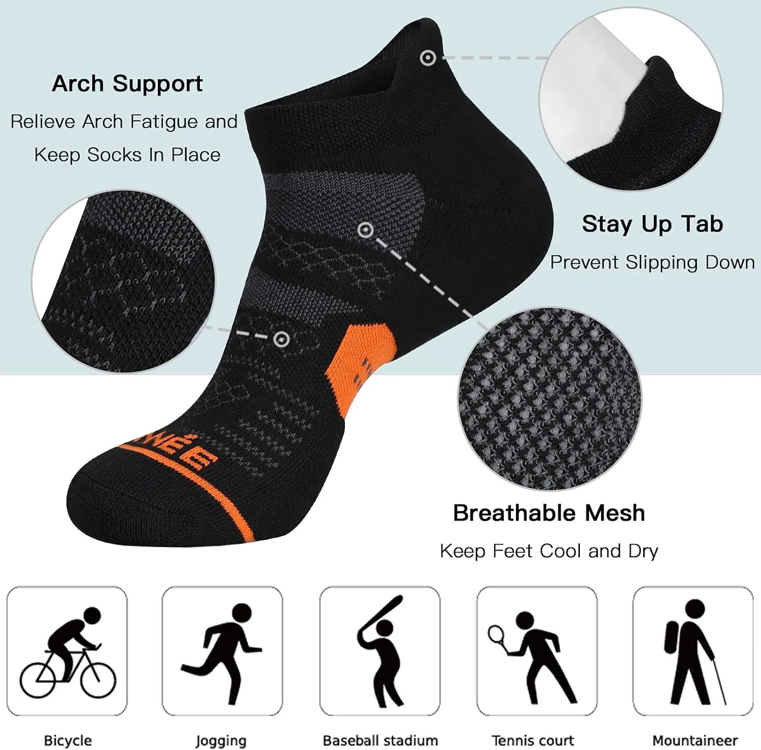 JOYNÉE 6 Pack Men's Running Ankle Socks with Cushion, Low Cut Athletic Sport Tab Socks
