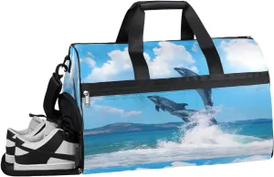 Jumping Dolphins Animals Sports Gym Bag with Wet Pocket & Shoes Compartment Waterproof Workout Duffel Bag for Women and Men Weekender Overnight Duffle Bag Travel Carry-on Tote