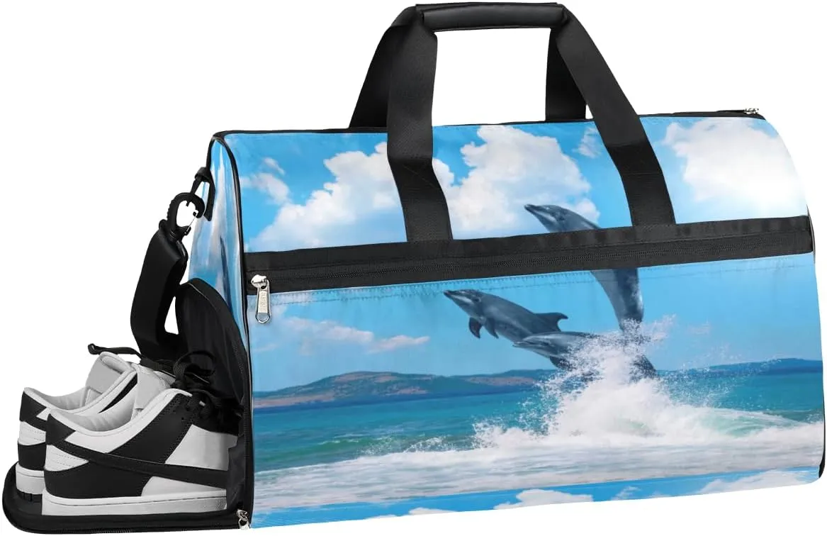 Jumping Dolphins Animals Sports Gym Bag with Wet Pocket & Shoes Compartment Waterproof Workout Duffel Bag for Women and Men Weekender Overnight Duffle Bag Travel Carry-on Tote
