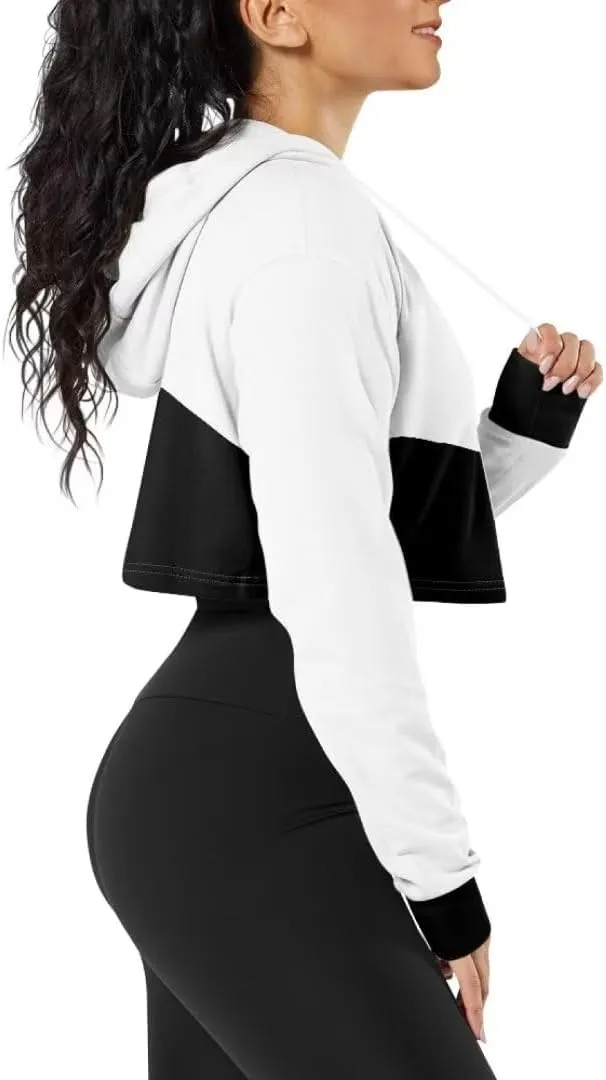 Ladies All-over Print Crop Tops Hoody with Drawstring Fall Cropped Clothes Pullover Sweatshirts for Women