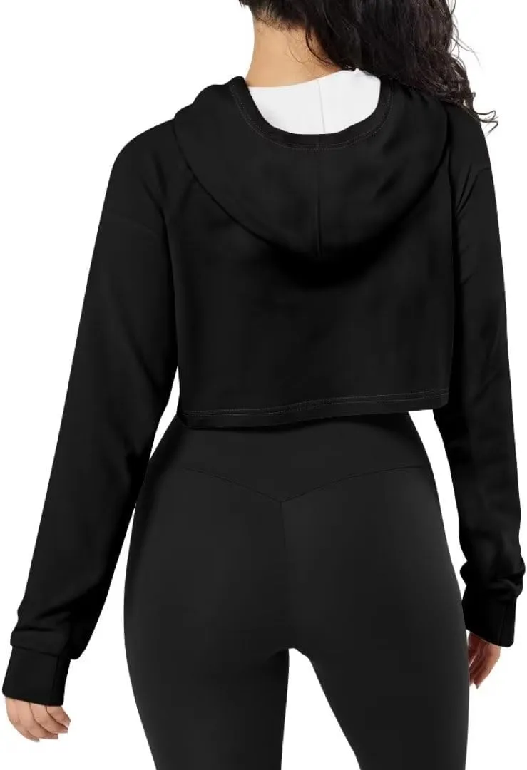 Ladies All-over Print Crop Tops Hoody with Drawstring Fall Cropped Clothes Pullover Sweatshirts for Women