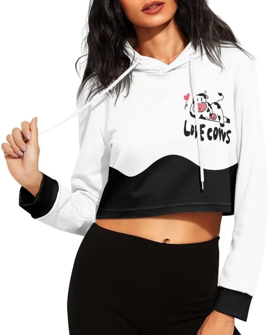 Ladies All-over Print Crop Tops Hoody with Drawstring Fall Cropped Clothes Pullover Sweatshirts for Women