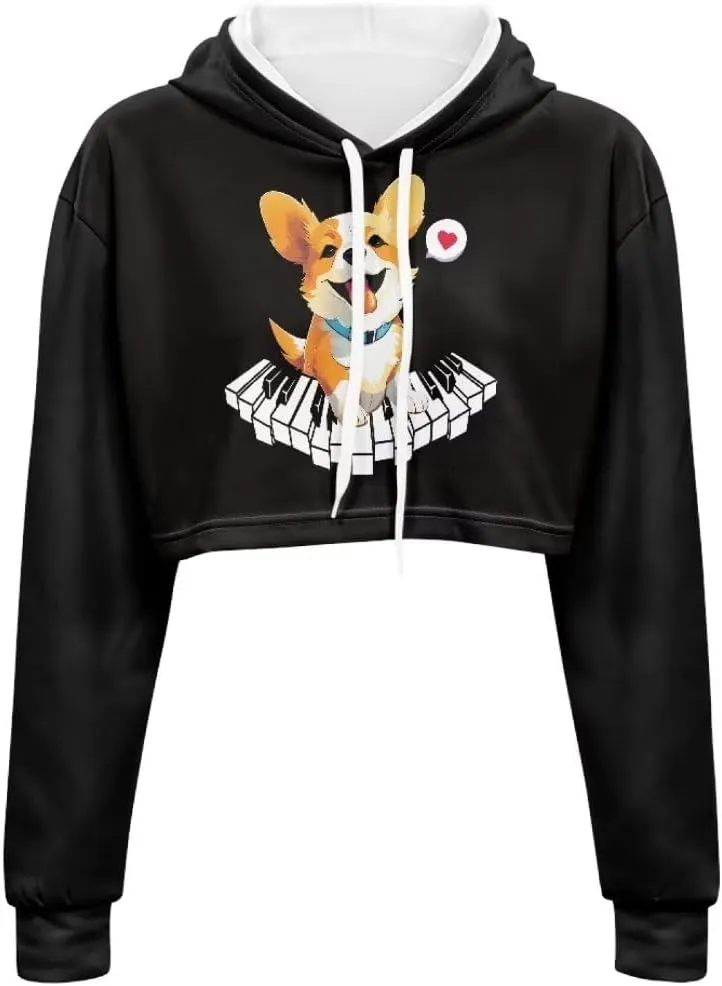 Ladies All-over Print Crop Tops Hoody with Drawstring Fall Cropped Clothes Pullover Sweatshirts for Women