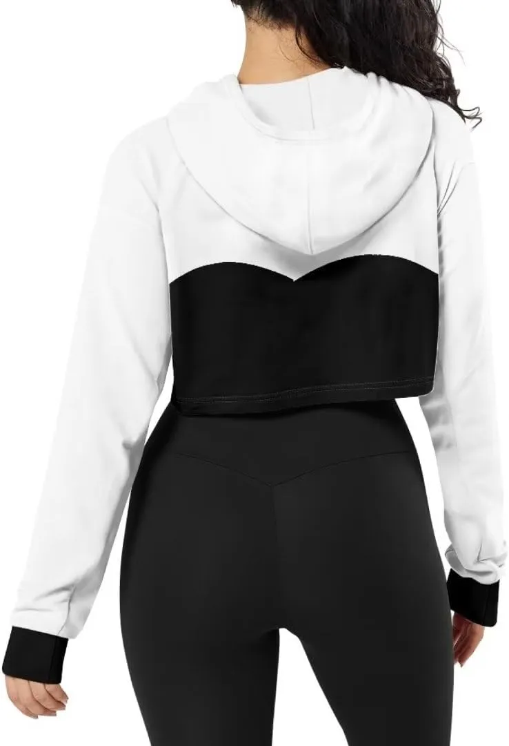 Ladies All-over Print Crop Tops Hoody with Drawstring Fall Cropped Clothes Pullover Sweatshirts for Women
