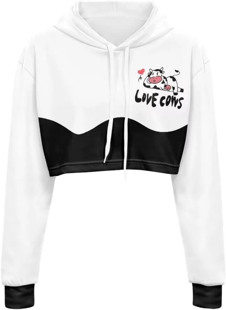 Ladies All-over Print Crop Tops Hoody with Drawstring Fall Cropped Clothes Pullover Sweatshirts for Women
