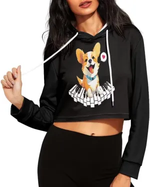 Ladies All-over Print Crop Tops Hoody with Drawstring Fall Cropped Clothes Pullover Sweatshirts for Women