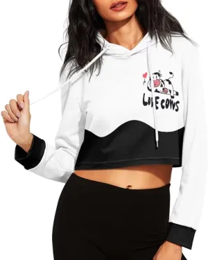 Ladies All-over Print Crop Tops Hoody with Drawstring Fall Cropped Clothes Pullover Sweatshirts for Women
