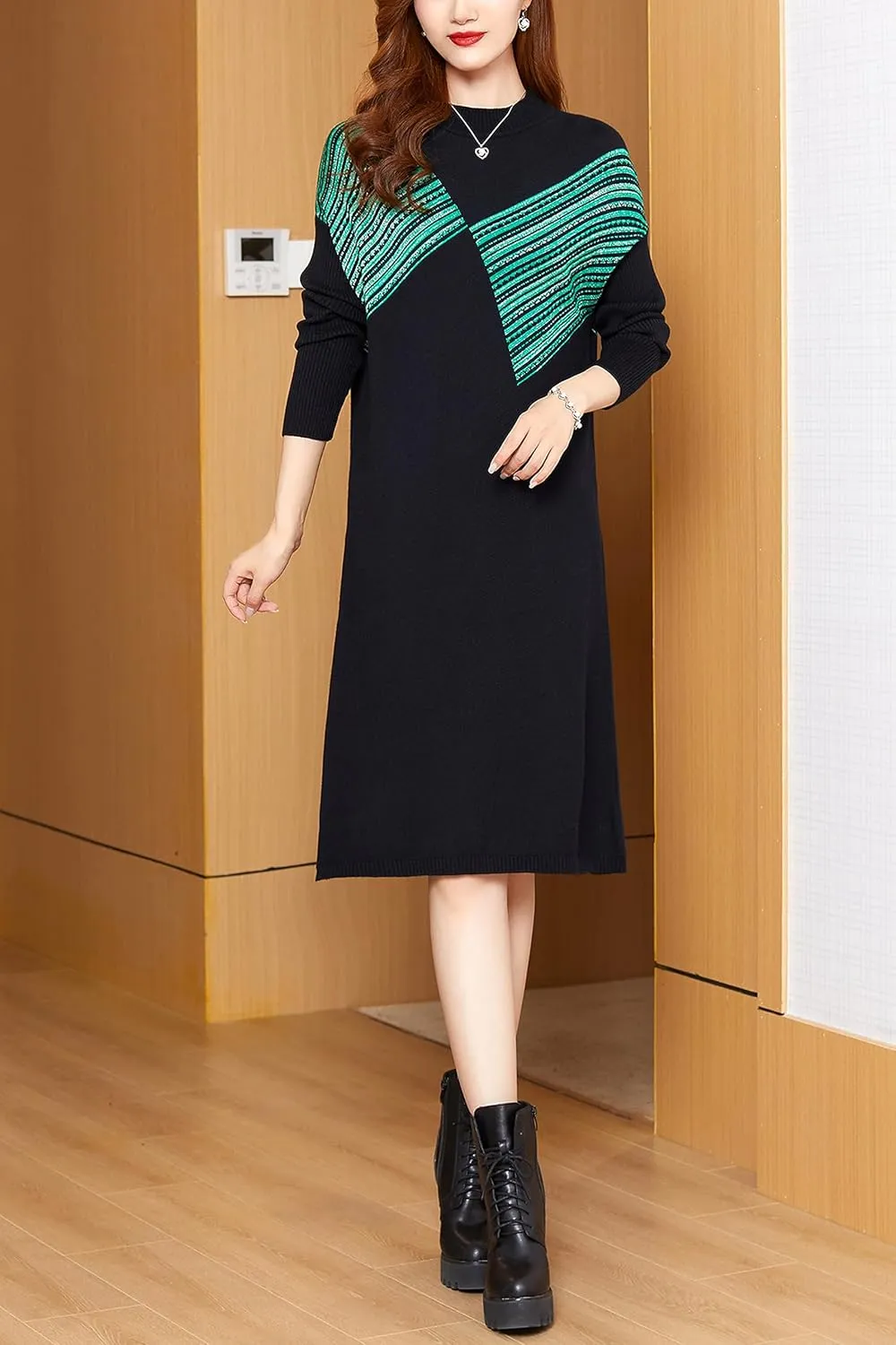 LAI MENG FIVE CATS Women's Vintage Long Sleeve Print Sweater Ribbed Knit Pullover Fall Midi Dress