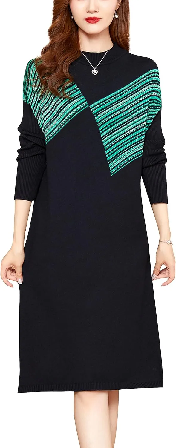 LAI MENG FIVE CATS Women's Vintage Long Sleeve Print Sweater Ribbed Knit Pullover Fall Midi Dress