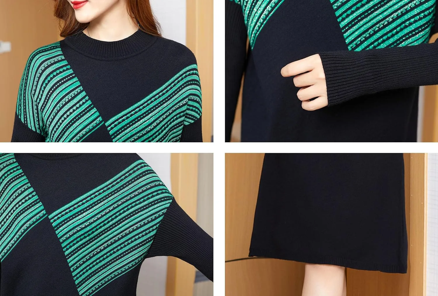 LAI MENG FIVE CATS Women's Vintage Long Sleeve Print Sweater Ribbed Knit Pullover Fall Midi Dress