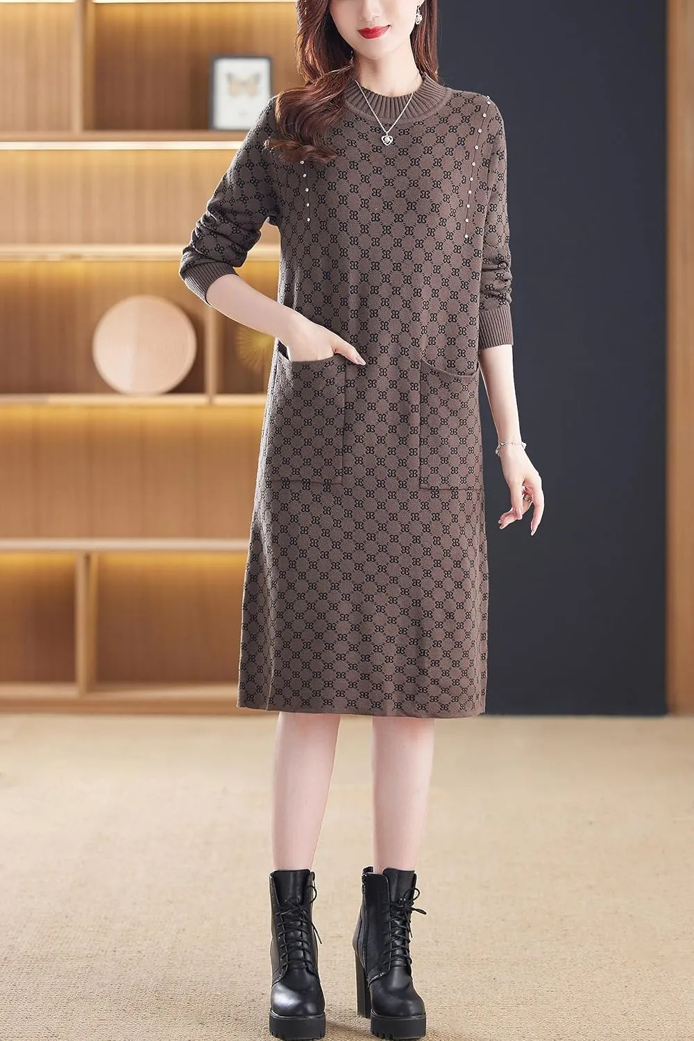 LAI MENG FIVE CATS Women's Vintage Long Sleeve Print Sweater Ribbed Knit Pullover Fall Midi Dress