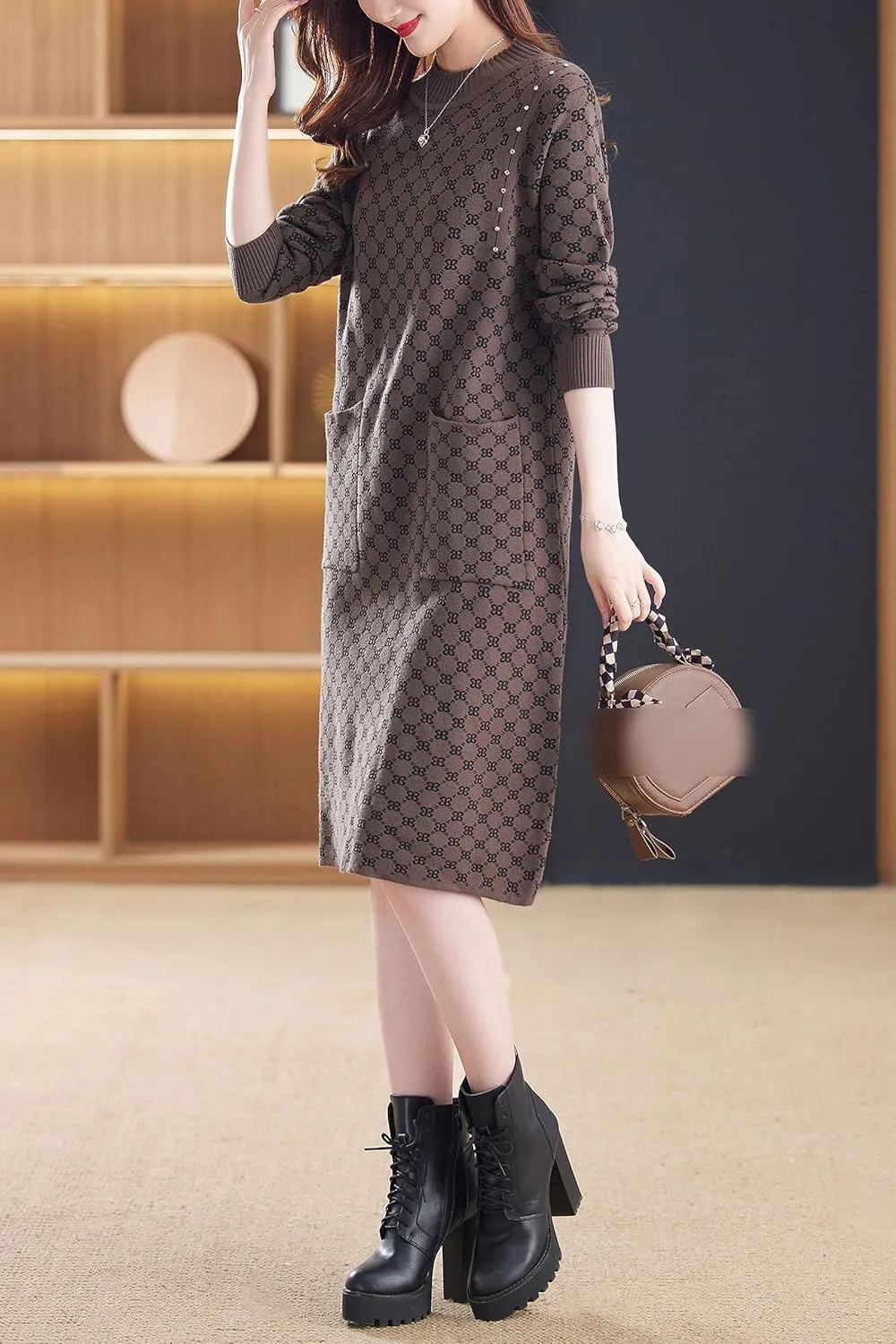 LAI MENG FIVE CATS Women's Vintage Long Sleeve Print Sweater Ribbed Knit Pullover Fall Midi Dress