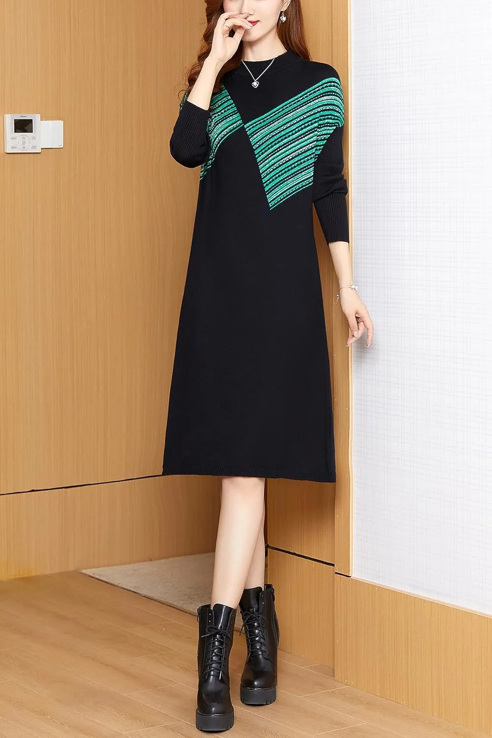 LAI MENG FIVE CATS Women's Vintage Long Sleeve Print Sweater Ribbed Knit Pullover Fall Midi Dress