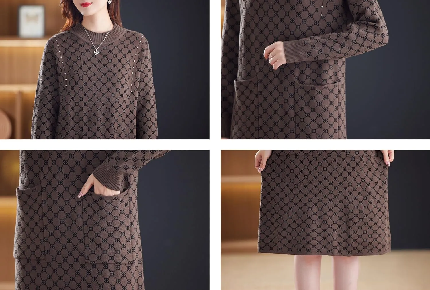 LAI MENG FIVE CATS Women's Vintage Long Sleeve Print Sweater Ribbed Knit Pullover Fall Midi Dress