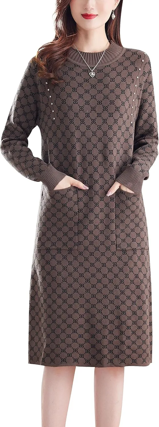 LAI MENG FIVE CATS Women's Vintage Long Sleeve Print Sweater Ribbed Knit Pullover Fall Midi Dress