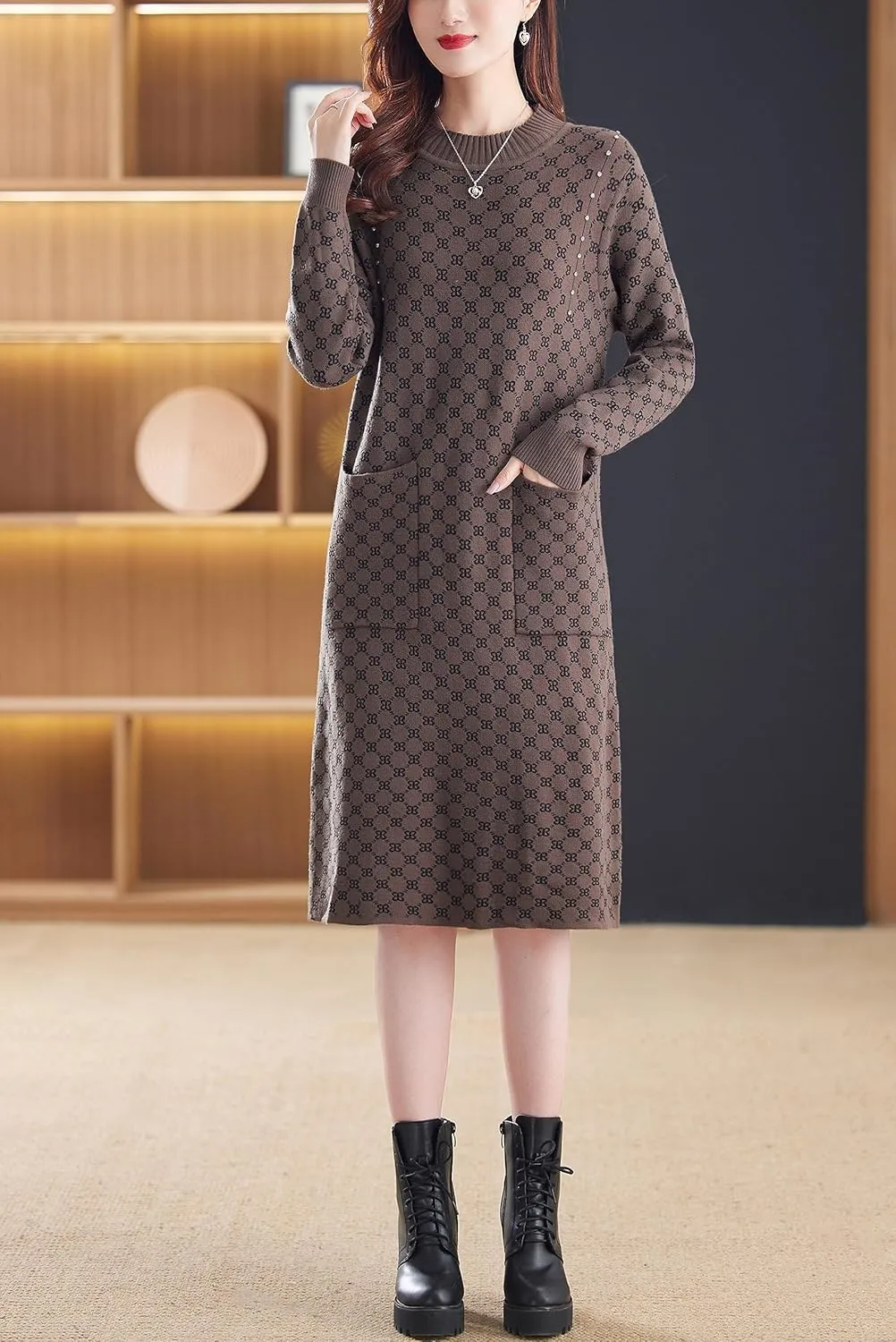 LAI MENG FIVE CATS Women's Vintage Long Sleeve Print Sweater Ribbed Knit Pullover Fall Midi Dress
